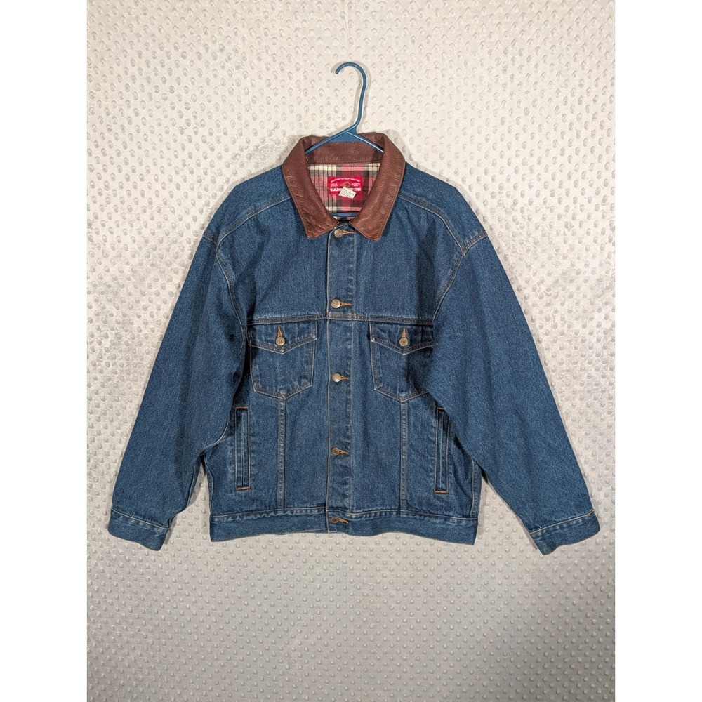 Vintage 90's Marlboro Country Store Denim Jacket Men's L Trucker Leather Collar